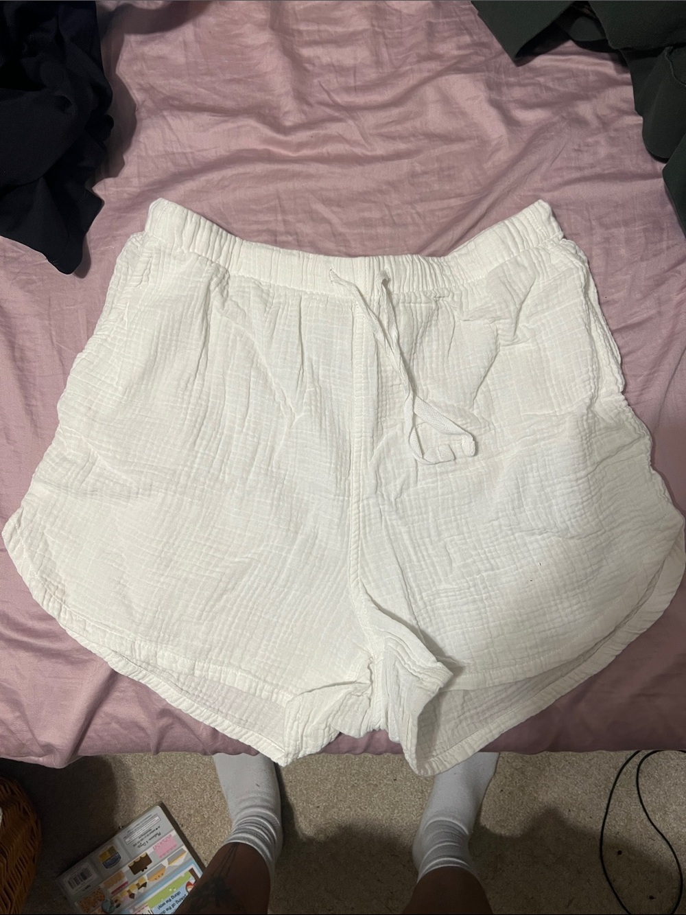 stars above White Crinkled Drawstring Athletic Shorts